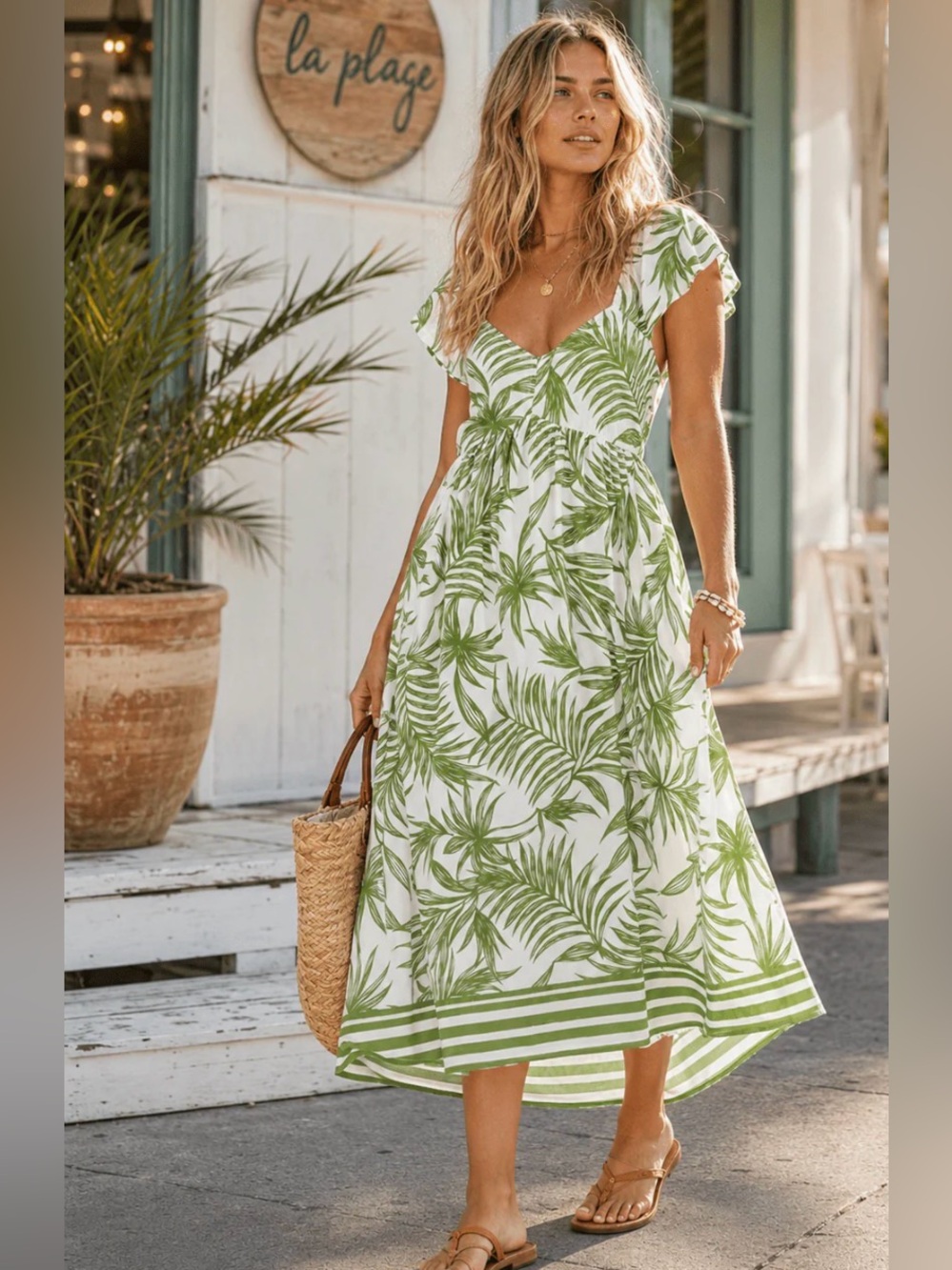 WOMEN'S RUFFLE SLEEVE V-NECK OPEN BACK ELASTIC WAIST HREEN LEAF PRINT MAXI DRESS